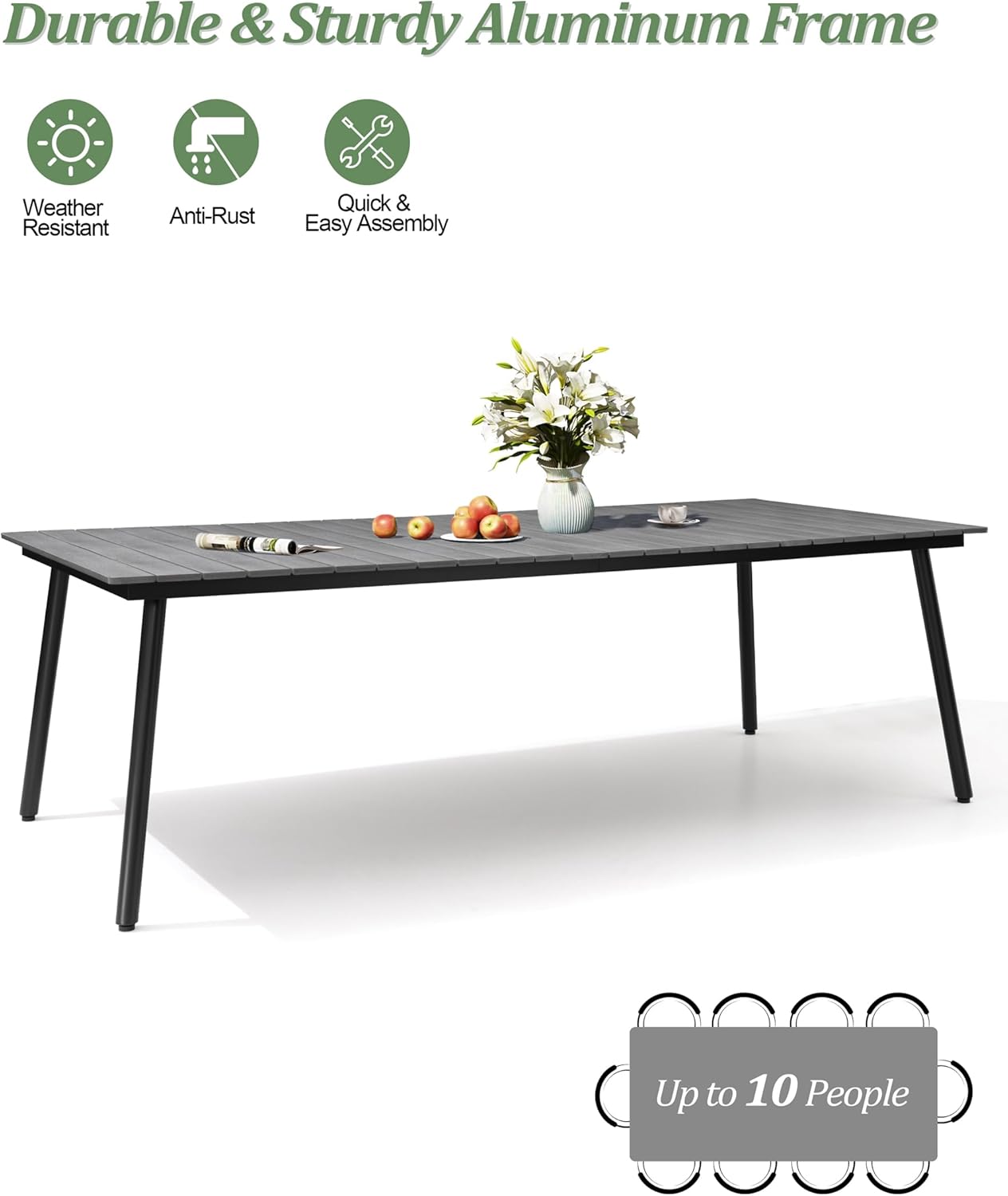 Outdoor Dining Table for 8-10, 94.5 inch Patio Dining Table with Wooden-Like Top and Aluminum Frame, Rectangular Table with Umbrella Hole Outdoor Furniture, Grey