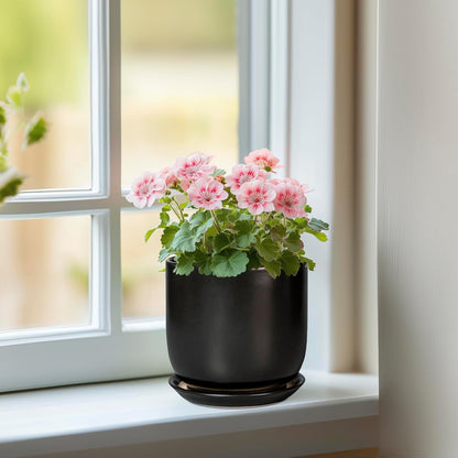 Ceramic Pot for Plants 5 Inch - Modern Round Indoor Planter for Cactus Succulent Plants with Drainage Hole and Saucer, Home Room House Office Decor, Black