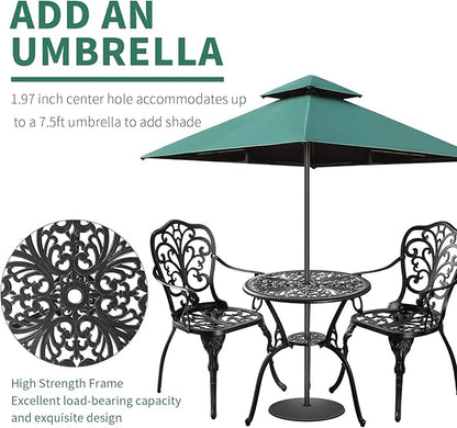 3 Piece Patio Bistro Set Cast Aluminum Bistro Table and Chairs Set of 2 with Umbrella Hole,All Weather Metal Bistro Table Set,Outdoor Patio Furniture Set for Garden(Butterfly Black)