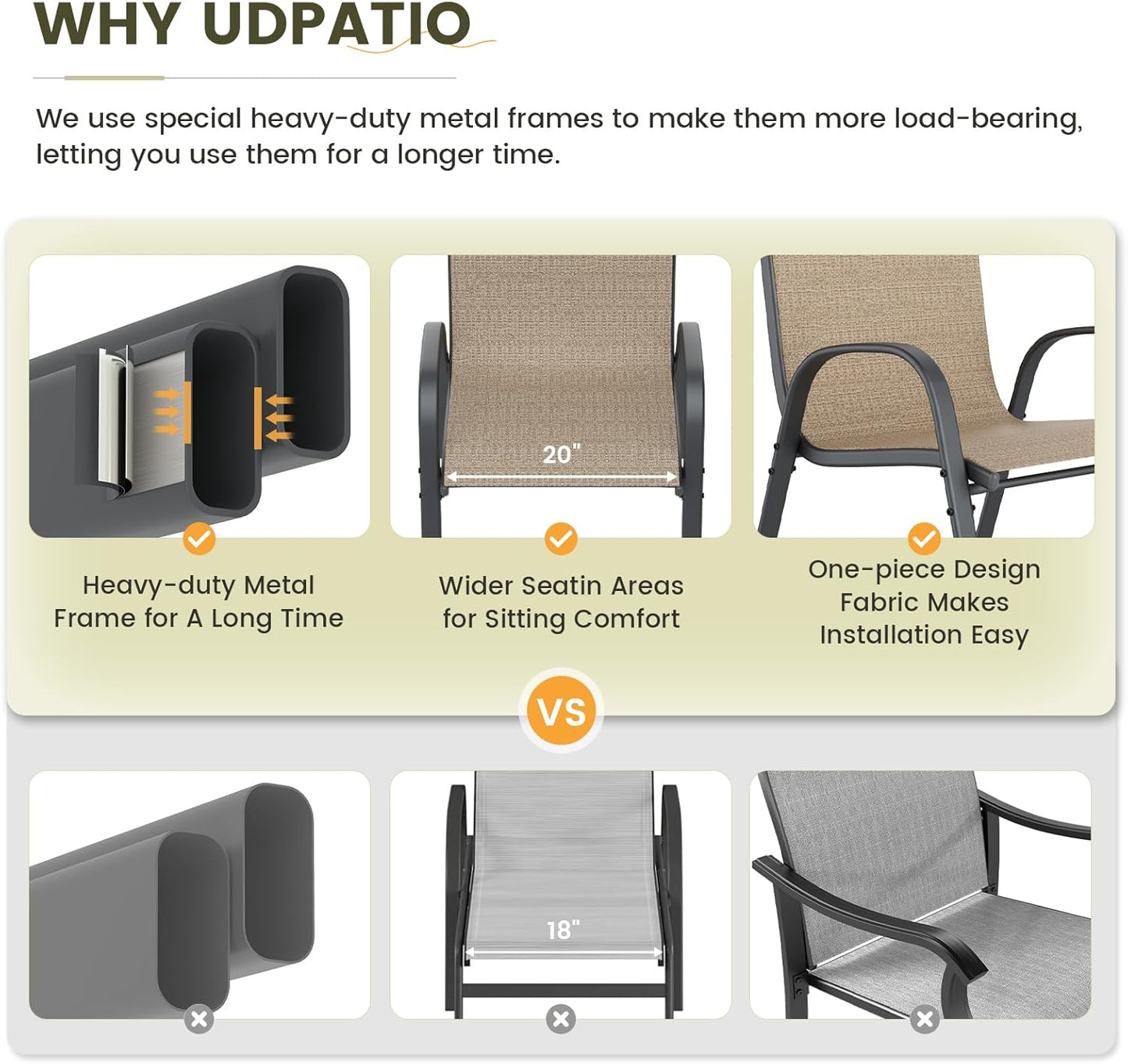 UDPATIO Patio Chairs Set of 4, Stackable Outdoor Dining Chairs with High Back, Breathable Textilene Fabric Outdoor Chair All Weather, 350LBS Capacity for Garden, Backyard (Brown)