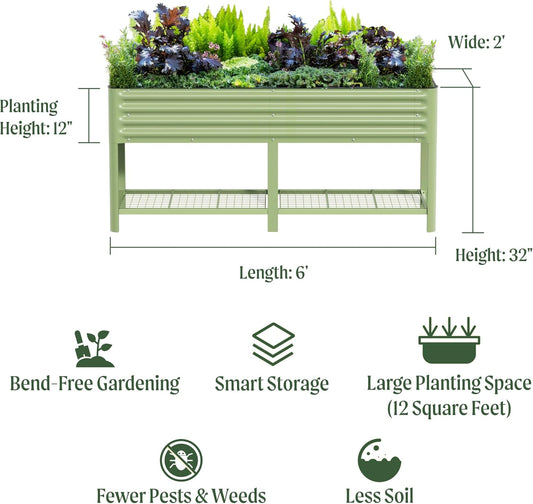 Elevated Raised Garden Bed-V Series, 2' x 6' Garden Beds with Legs & Storage Rack for Patio Porch, 1000 Lbs Weight Capacity, Outdoor Planter Boxes for Gardening Herbs Vegetables Flowers, Pearl White