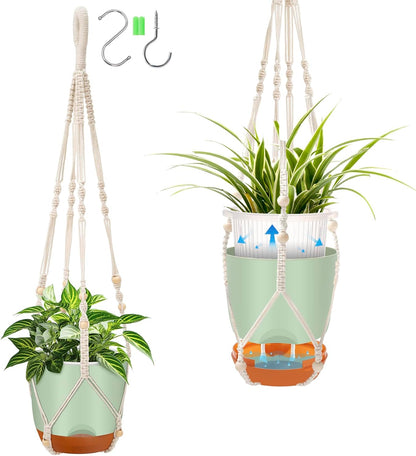 2-Pack 7.2-Inch Self-Watering Hanging Planters for Indoor & Outdoor Plants,34-Inch macrame hanger plant pots indoor with drainage,Small Hanging Planters & Baskets in Green,With two sets of hooks