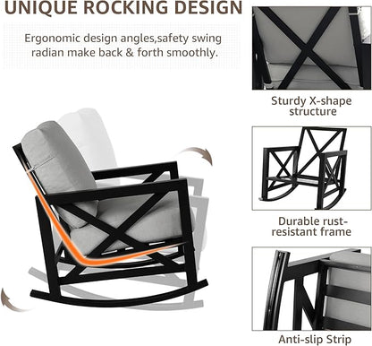 NATURAL EXPRESSIONS Patio Rocking Bistro Set, 3 Piece Outdoor Conversation Furniture Set with 2 Rockers and 1 Metal Coffee Table with Thick Cushions,2 Pack Patio Chair Covers Included