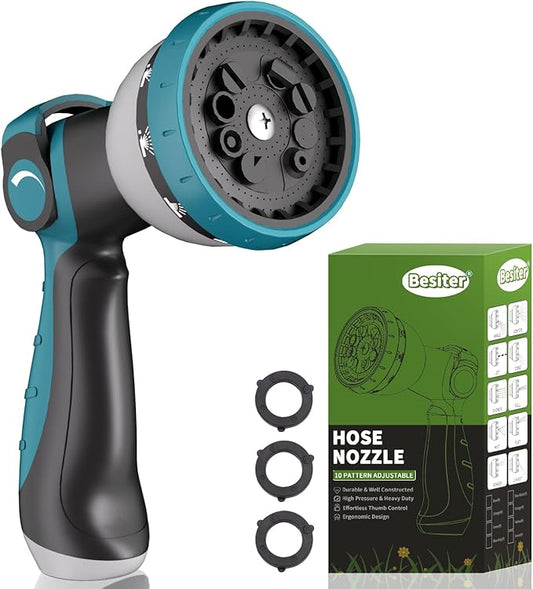 Hose Nozzle, Garden Hose Nozzle with 10 Spray Patterns, Thumb Control On Off Valve, Adjustable and Heavy Duty for Washing Car, Watering Plants, Washing Pets, and Home Use
