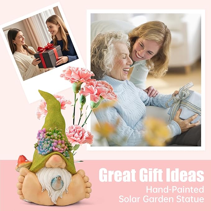 Solar Turtle Garden Statue with Bunny and LED Succulent Flowers – Outdoor Lawn Decor with Lights, Cute Animal Yard Ornament for Patio, Pathway, or Garden Gift (Gnome)