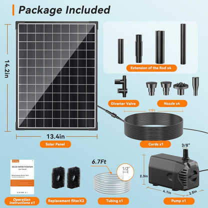 Biling 25W Solar Fountain Pump, Solar Pond Pump equipped filtration and anti-dry Protection, Solar Pond Fountain with PVC Tubing Various Nozzles Accessories for Water Garden & Pond Pumps