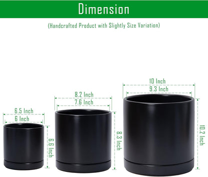 D'vine Dev 6 Inch & 8 Inch & 10 Inch, Set of 3 Round Ceramic Planter Pot with Drainage Hole and Saucer, Black, 94-T-L-2