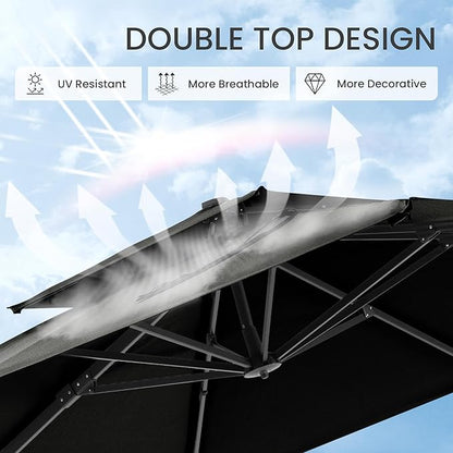 10x10 FT Cantilever Patio Umbrella with Base Included Double Top Outdoor Square Large Heavy Duty Aluminum Offset Umbrellas with 7 Level Tilt 360-degree Rotation for Pool Garden Deck,Black