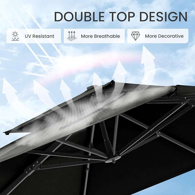 10x10 FT Cantilever Patio Umbrella Double Top Outdoor Square Large Heavy Duty Aluminum Offset Umbrellas with 7 Level Tilt 360-degree Rotation for Pool Garden Deck, Black