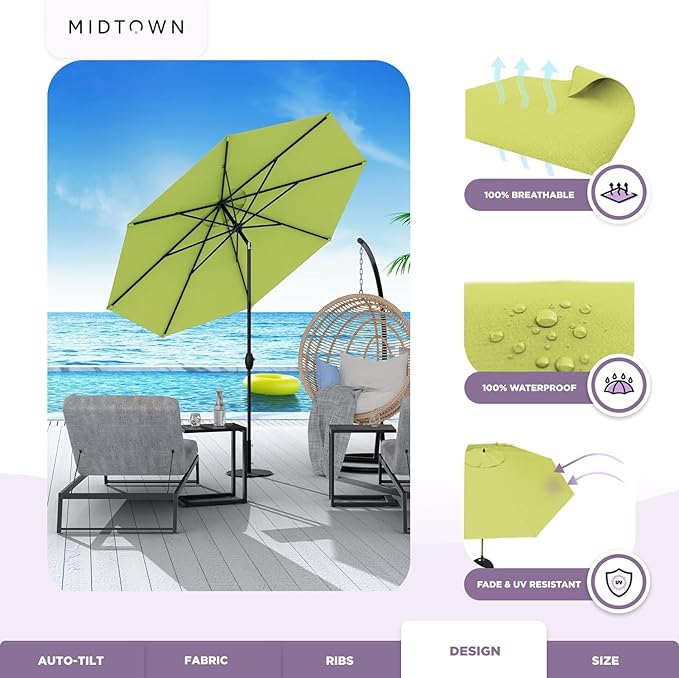 Midtown Umbrellas Sunbrella Umbrella 8 Feet Outdoor Umbrella With Sunbrella Macaw Acrylic Fabric - Auto-Tilt Aluminum Frame Patio Umbrella For Backyard, Deck, Garden, Pool - Black Pole