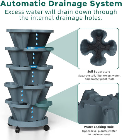 Strawberry Vertical Planters Tower Garden, 5 Tiered Stacking Planter with Support Pole, Stackable Herb Vegetable Planters Indoor and Outdoor - Dark Grey