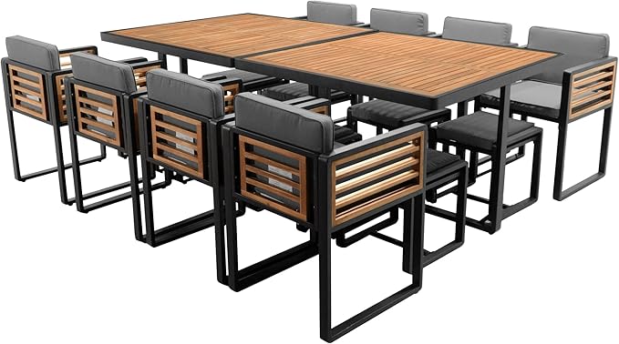 Merax 18 Pieces Outdoor Dining Set for 16 People, Acacia Wood Patio Furniture Sets with 2 Square Tables, 8 Cushioned Chairs and 8 Ottomans for Backyard, Garden, Lawn, Poolside, Gray