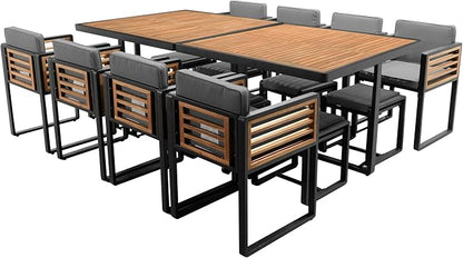 Merax 18 Pieces Outdoor Dining Set for 16 People, Acacia Wood Patio Furniture Sets with 2 Square Tables, 8 Cushioned Chairs and 8 Ottomans for Backyard, Garden, Lawn, Poolside, Gray