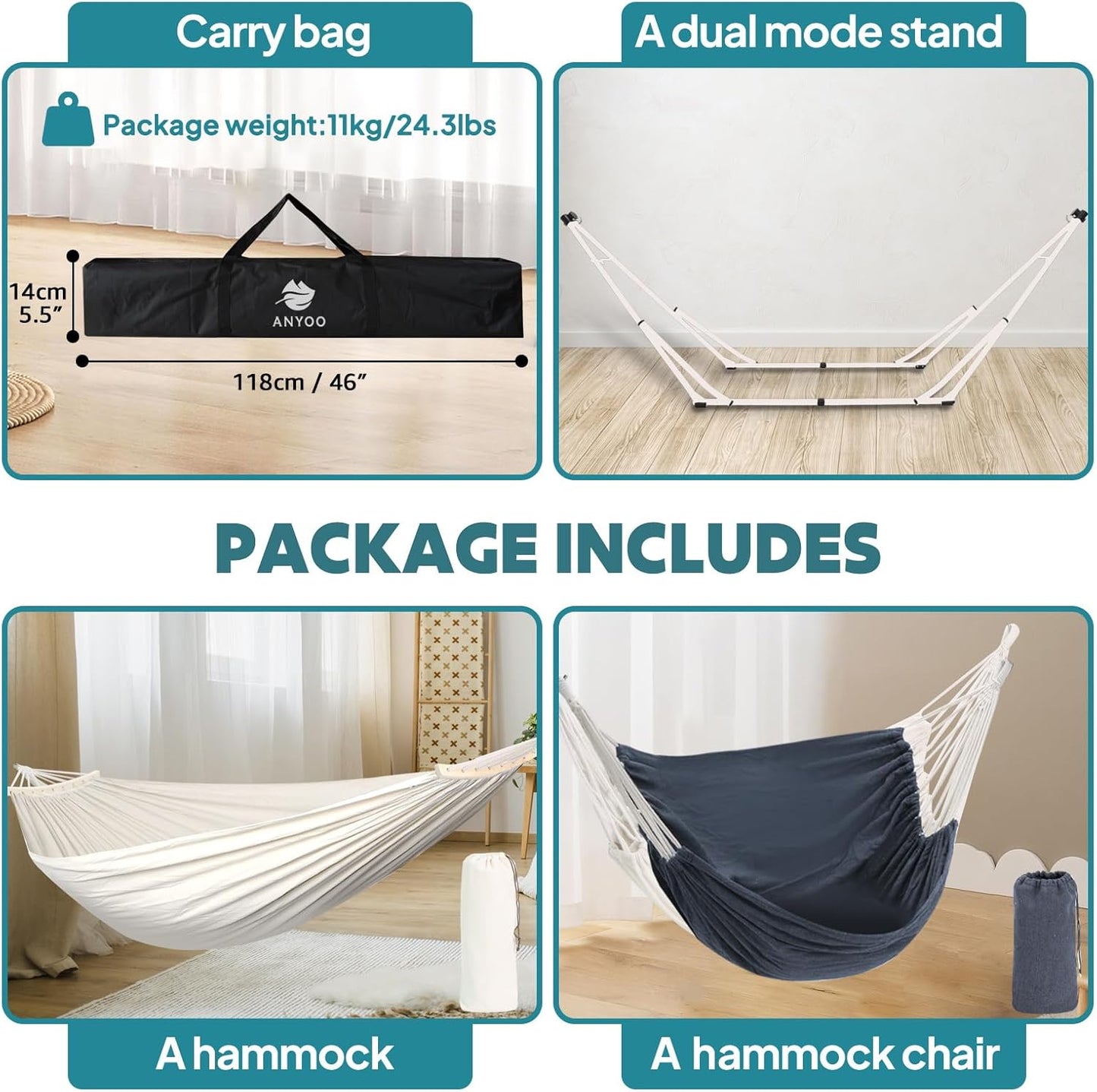 Anyoo 2 in 1 Hammock and Swinging Chair with Collapsible Steel Stand & Carrying Case,Portable & Adjustable,Easy Set Up for Outdoor,Indoor,Porch Swing,Patio,Garden,Camping Trip