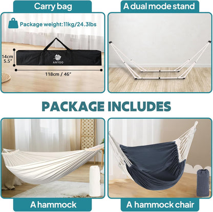 Anyoo 2 in 1 Hammock and Swinging Chair with Collapsible Steel Stand & Carrying Case,Portable & Adjustable,Easy Set Up for Outdoor,Indoor,Porch Swing,Patio,Garden,Camping Trip