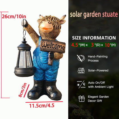Solar Garden Statues -Highland Cow Lantern Outdoor Handmade Resin Statue with LED Light, and Welcome Holder for Patio, Yard, Gift Ideas (cow2)