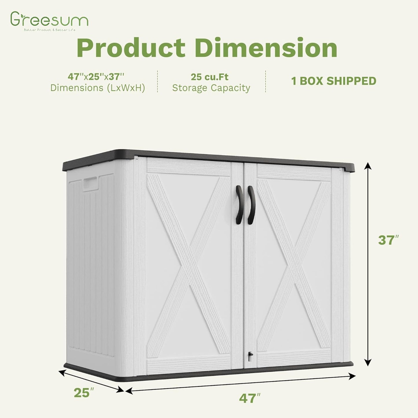 Greesum Outdoor Storage Cabinet, 25 Cu.Ft Deck Box Without Shelves, Waterproof Plastic Storage Bin for Patio Cushions, Gardening Tools, Lockable and Sidehandles, UV Resistant, White