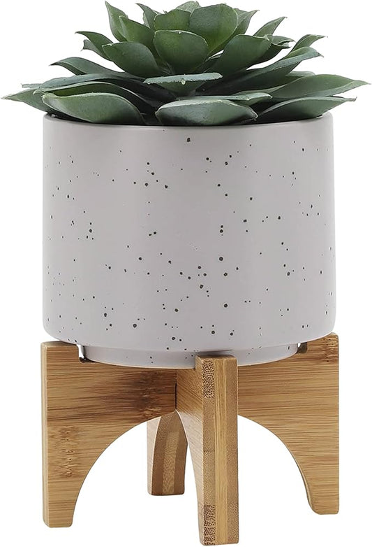 Sagebrook Home Ceramic Planter with Wooden Stand - Modern Stoneware Pot for Indoor & Outdoor Plants - Decorative Round Flower Pot for Home & Garden - 7" Ivory