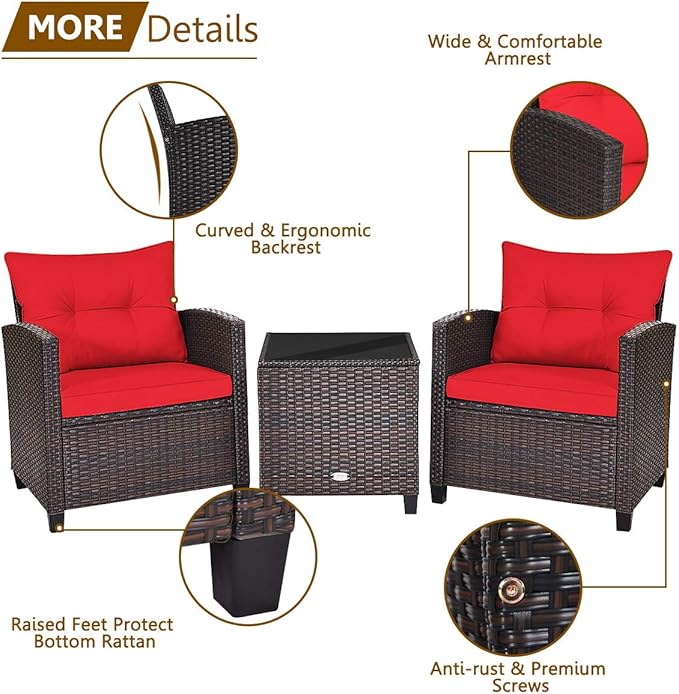 RELAX4LIFE 3 Piece Patio Furniture Set, Wicker Bistro Conversation Set w/ 2 Cushioned Armchairs & Glass Topped Table, Outdoor Rattan Sofa Set Patio Furniture for Porch Balcony Poolside (Red)