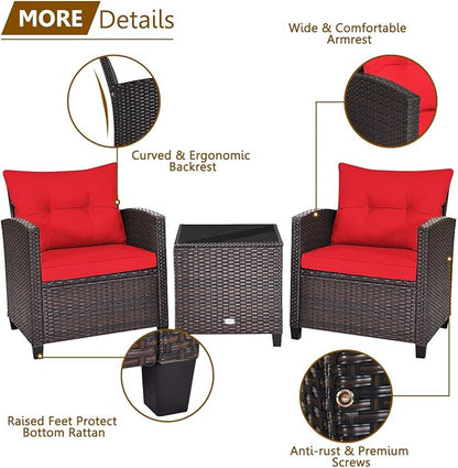 KOTEK 3 Piece Patio Furniture Set, Outdoor Conversation Set with Washable Cushions & Tempered Glass Tabletop, PE Rattan Wicker Bistro Set for Porch, Garden, Balcony (Red)