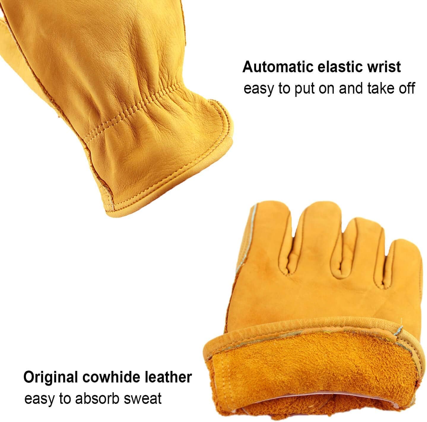 OZERO Leather Work Gloves for Men: 3 Pairs Driver Gloves Abrasion Resistant Cowhide with Reinforced Palm for Heavy Duty Gardening Yard Work DIY Gold X-Large