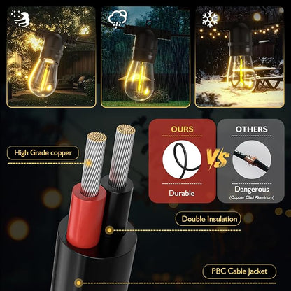 S14 Solar String Lights Outdoor with Remote 60 FT, USB & Solar Dual Charging, Waterproof, 8 Modes 3 Timers, 20+2 LED Shatterproof Bulbs, Dimmable Solar Light for Camping Backyard Bistro Porch Garden