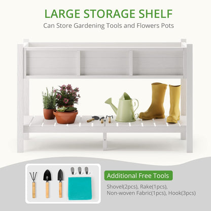 LUE BONA Raised Garden Bed with Tools, 47*18*29 in, Poly Elevated Planter Box with Legs And Storage Shelf, Weather Resistant, 3-Year Warranty, Standing Growing Bed Herb Planter for Vegetable, White