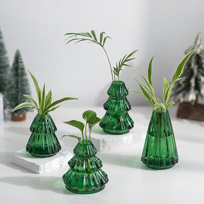 Glass Christmas Tree Propagation Stations: Hewory 4 PCS Propagation Vases for Plant Hydroponic Cutting Flowers - Green Christmas Tree Shaped Planter Pot for Home Holiday Decor Gifts