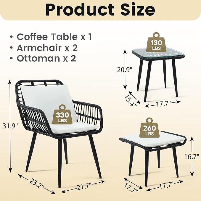 5 Piece Wicker Bistro Patio Conversation Furniture Set, Includes 2 Chairs, 2 Ottomans, and Side Table, Ideal for Porch, Balcony, Deck, Backyard, Black