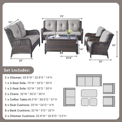 Outdoor Patio Furniture Sofa Set - 7 Piece Rattan Wicker Patio Sectional Conversation Sets with 1 Sofa,1 Loveseat,1 Coffee Table,2 Armrest Chairs and 2 Ottomans for Porch Deck Garden(Brown/Grey)