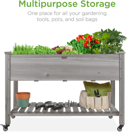 Best Choice Products Raised Garden Bed 48x24x32-inch Mobile Elevated Wood Planter w/Lockable Wheels, Storage Shelf, Protective Liner - Gray