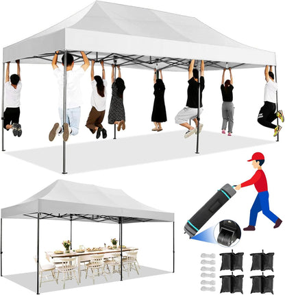 COBIZI 10x20 Pop up Canopy Tent Heavy Duty Without Sidewalls, Easy Set-up Commercial Outdoor Party Tent, 100% Waterproof Wedding Gazebo, 3 Height Adjustable with Wheeled Bag, White