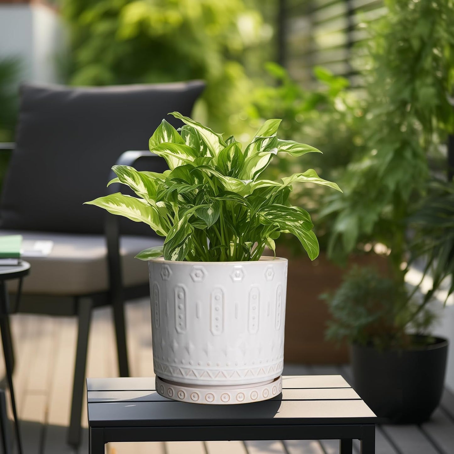 Ceramic Planter Pot - 10 Inch Plant Pot for Indoor Outdoor Plants Round Large Flower Pot with Drainage Holes and Saucer for Home Garden Patio Decor White