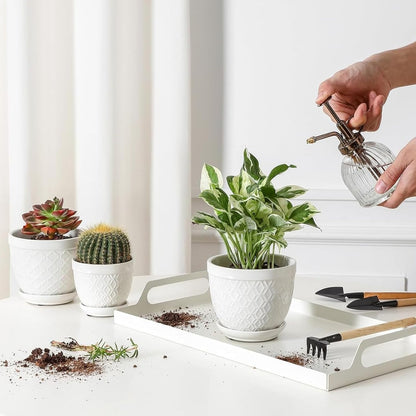 Sureasy Ceramic Plant Pots, 4.7 Inch Flower Pots for Indoor Plants, Succulent Pots with Saucer and Drainage Hole, Decorative Planter for Succulent, Cactus, Set of 4, White