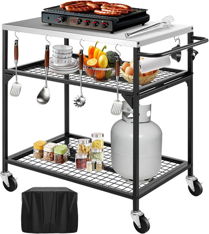 3-Shelf Outdoor Grill Table, Pizza Oven Tables with Waterproof Cover, Movable Dining Cart, Trolley Table with Wheels, Outdoor Kitchen Cooking Prep BBQ Cart for Home Party, Bar,Camping