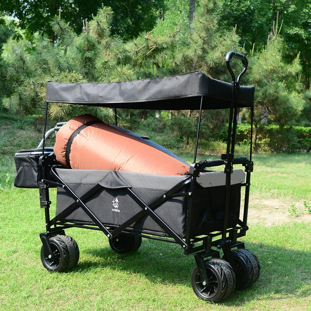 Collapsible Wagon Heavy Duty Folding Wagon Cart with Removable Canopy, 4" Wide Large All Terrain Wheels, Brake, Adjustable Handles,Cooler Bag Utility Carts for Outdoor Beach Cart Garden Wagons Carts