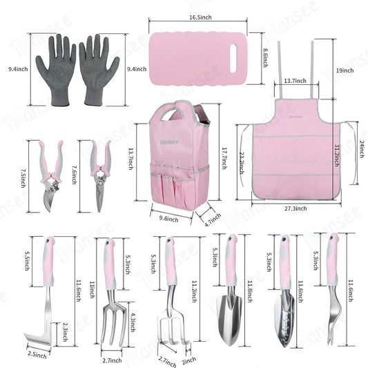 Pink Garden Tool Sets 12 Pieces, iHansee Aluminum Gardening Hand Tools with Non-Slip Handle, Kneeling Pad, Apron, Gloves and Organizer Bag, Landscaping Tools - Gift for Women & Garden Enthusiasts