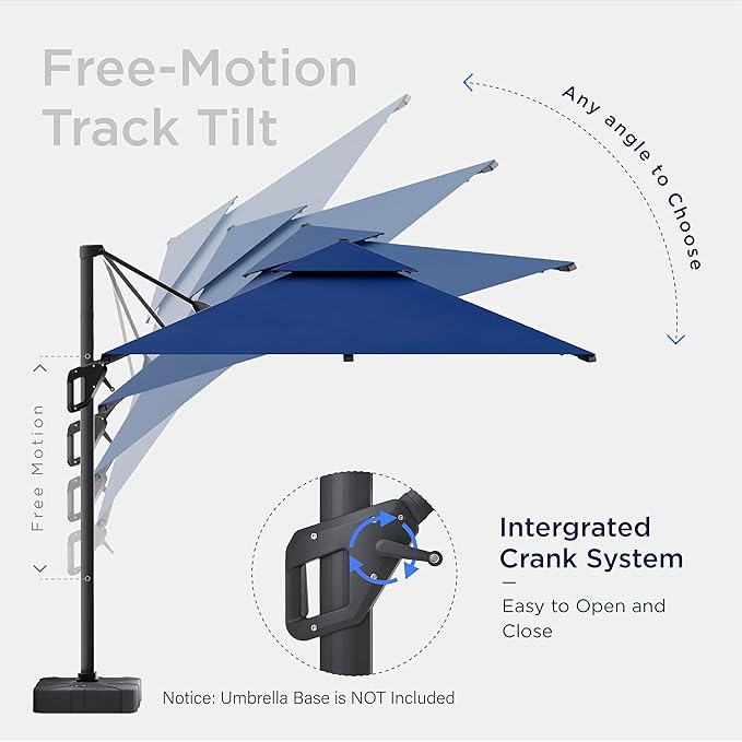 10x10 FT Cantilever Patio Umbrella with Led Lights Double Top Outdoor Square Heavy Duty Offset Umbrellas 360°Rotation Free-motion Track Tilt Windproof for Pool Deck Garden, Navy
