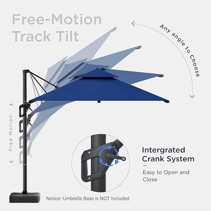 10x10 FT Cantilever Patio Umbrella with Led Lights Double Top Outdoor Square Heavy Duty Offset Umbrellas 360°Rotation Free-motion Track Tilt Windproof for Pool Deck Garden, Navy