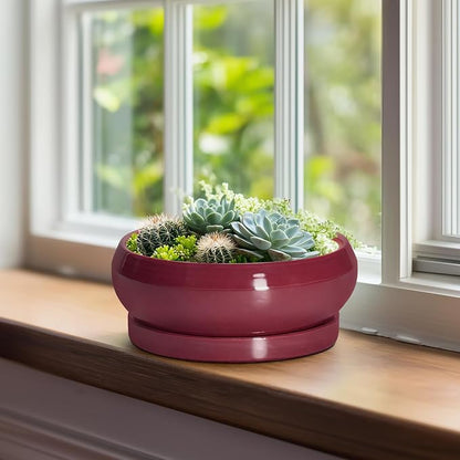 Succulent Pots - 8 Inch Bonsai Pots for Indoor Outdoor, Shallow Ceramic Planter with Drainage Hole and Saucer, Round Flower Succulent Planters, Apartment Decor, Gardening Gift, Red