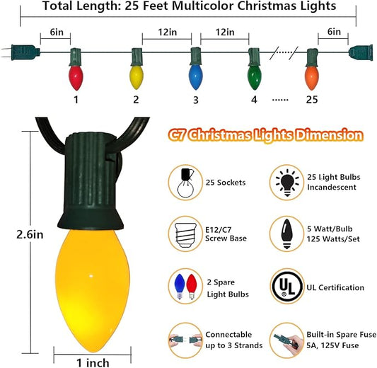 C7 Christmas Lights Outdoor 25Ft Vintage Christmas String Lights with 25 Ceramic Multicolor Incandescent Bulbs, Connectable Xmas String Light for Patio Garden Holiday Party Roofline Decorations