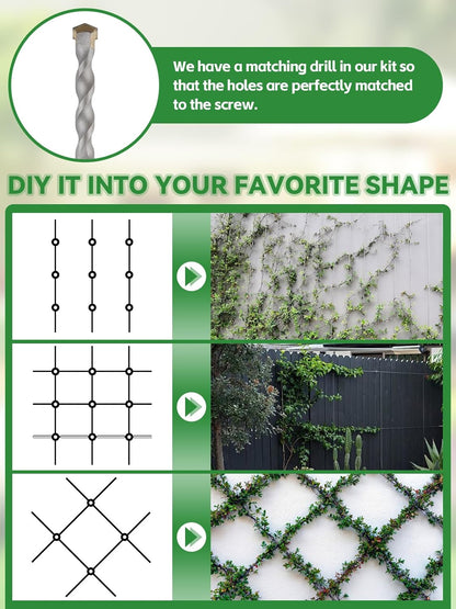 185PCS Wire Trellis for Climbing Plants, Kalolary 100FT Wall Wire Trellis Kit T316 Steel Garden Trellis with Cable & Cutter Wall-Mount Grape Vine Trellis for Outdoor DIY Flower Wall (Cylindrical)
