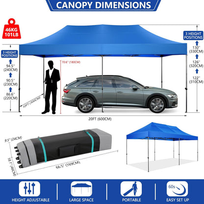 COBIZI 10x20 Pop up Canopy Tent Heavy Duty Without Sidewalls, Easy Set-up Commercial Outdoor Party Tent, 100% Waterproof Wedding Canopy Gazebo, 3 Height Adjustable with Wheeled Bag, Blue