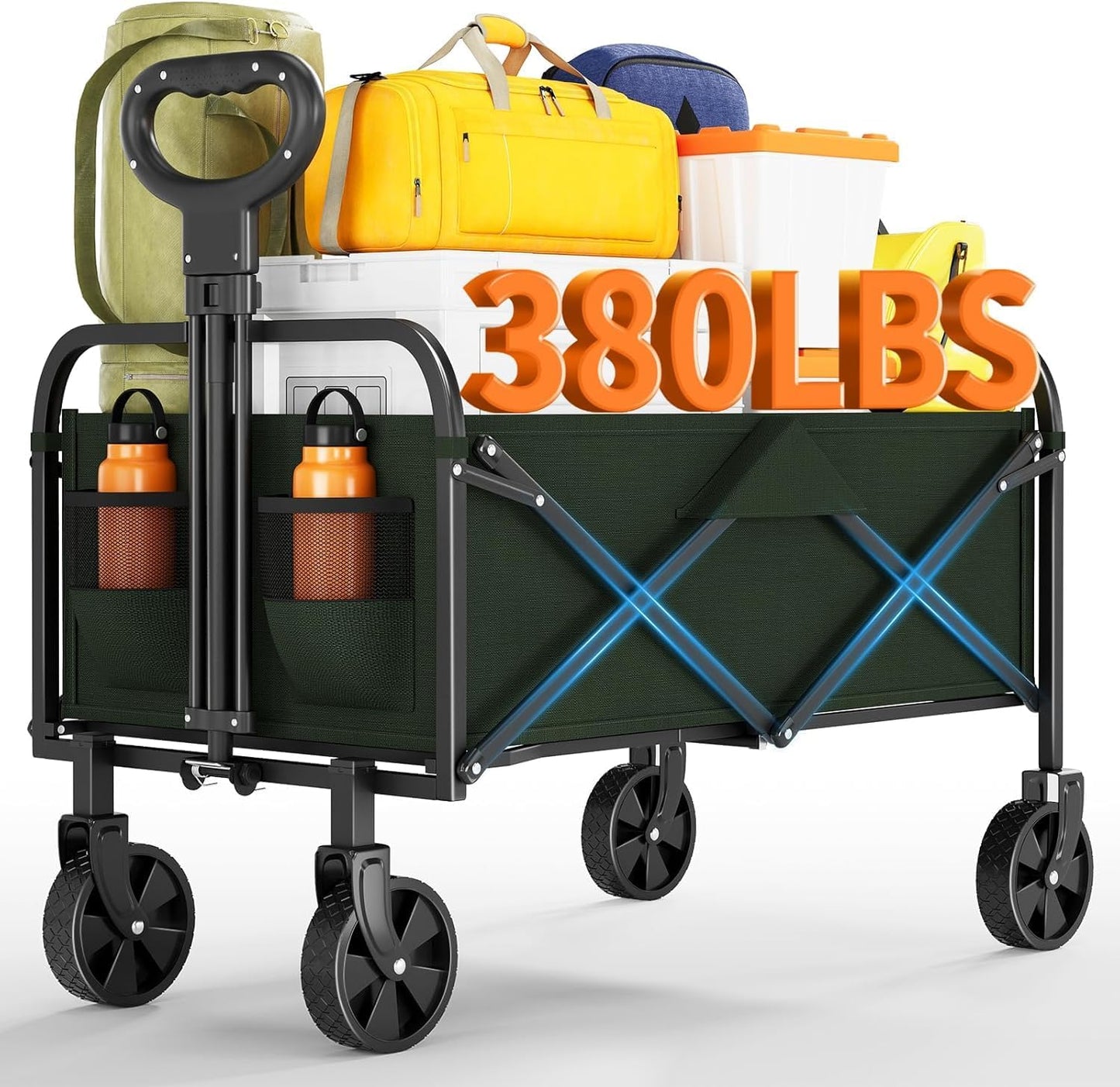 Foldable Wagon Cart, 380LBS Capacity Collapsible Wagon with All-Terrain Wheels, 220L Foldable Utility Cart & Grocery Cart on Wheels, Portable Lightweight 12LBS for Outdoor, Beach, Garden (Green)