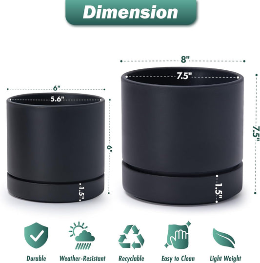 Phoenix Vine 6 Inch and 8 Inch Planter Pot with Drainage Hole & Deep Water Catch Tray Saucer, Straight Cylindrical Round Pot for Plants, Matte Black, 23-A-2-Y