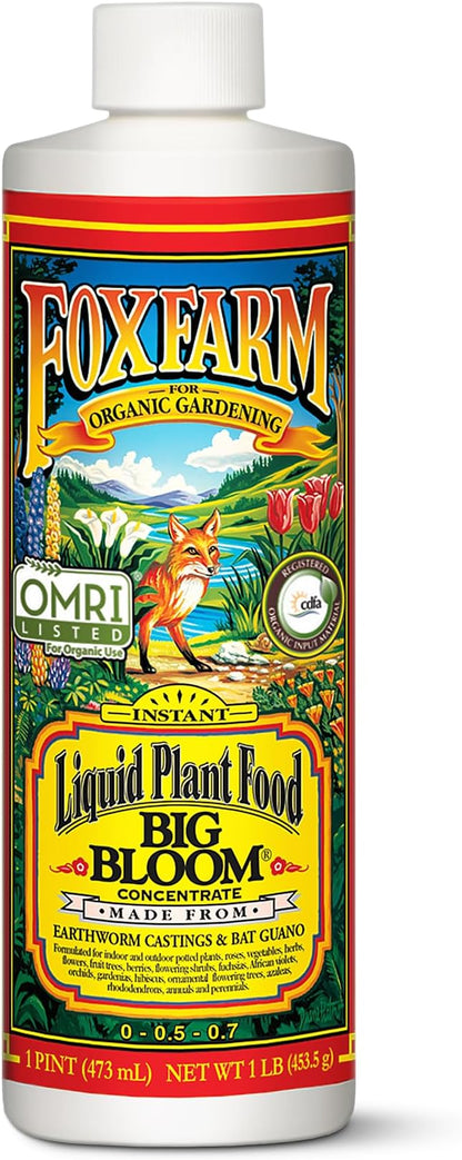 FoxFarm - Big Bloom Plant Food, Liquid Fertilizer Concentrate for Flowers, Fruits, and Vegetables, All Purpose Plant Fertilizer for Indoor & Outdoor Potted Plants, NPK 0-0.5-0.7 (Pint)
