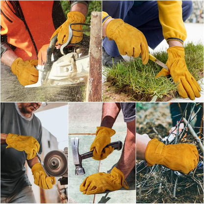 OZERO Leather Work Gloves Flex Grip Tough Cowhide Gardening Glove for Men and Women (Medium, Gold With Mesh Linning)