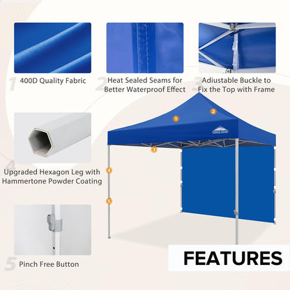 EAGLE PEAK 10x10 Heavy Duty Pop up Commercial Canopy Tent with One Removable Sidewall, Instant Sun Shelter with Roller Bag, 4 Sandbags, Blue