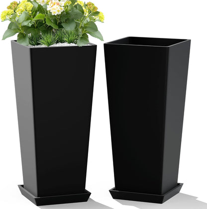 Set of 2 Large Tall Planter for Indoor or Outdoor 24" Flower Pots Tapered Tall Planters with Tray for Porch, Patio, Backyard, Large Planters for Outdoor Indoor Plants(Black)