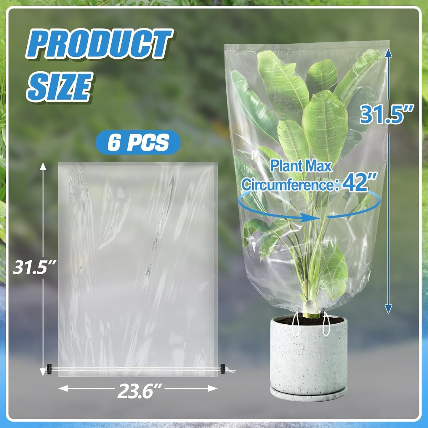 ANPHSIN 6 Pcs Winter Plant Cover Freeze Protection - 23.6" x 31.5" Plastic Plant Frost Bags with Drawstring, Transparent Waterproof Plant Shelter Coverings for Outdoors Garden Potted Plants